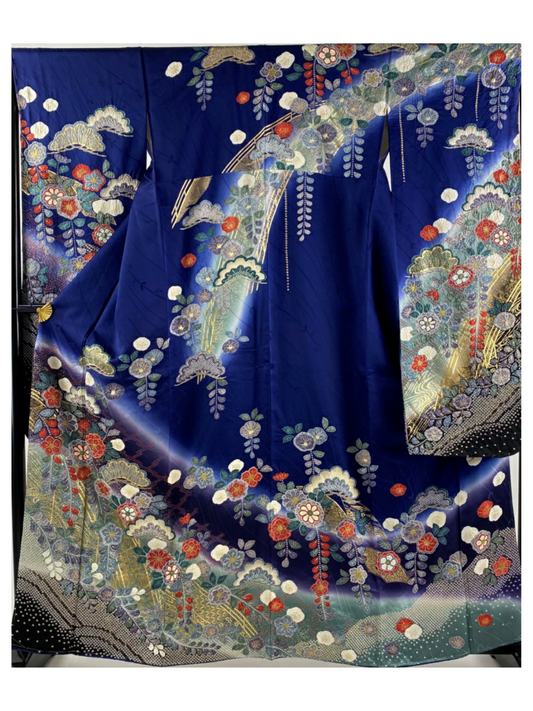 Furisode Kimono: Noble Blue Serenity